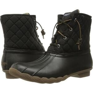 Sperry Womens 9.5 Black Saltwater Quilted Duck Rain Boots Lace Up Outdoor LB3-18